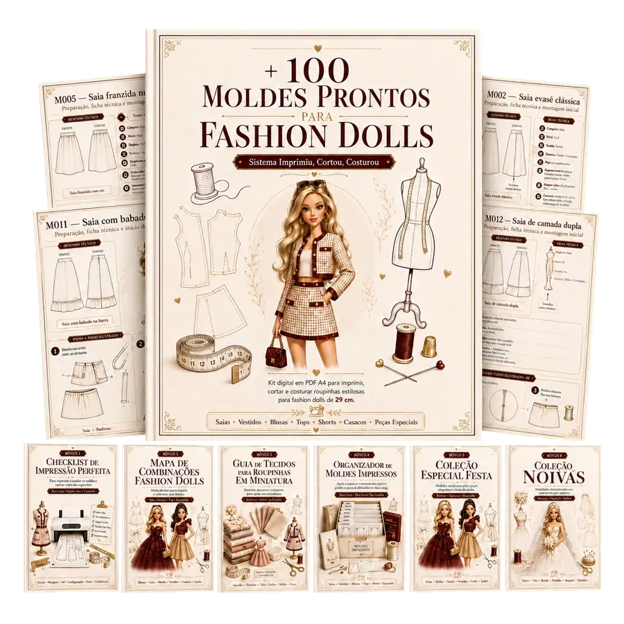 Mockup completo dos Moldes Prontos para Fashion Dolls e todos os b&ocirc;nus